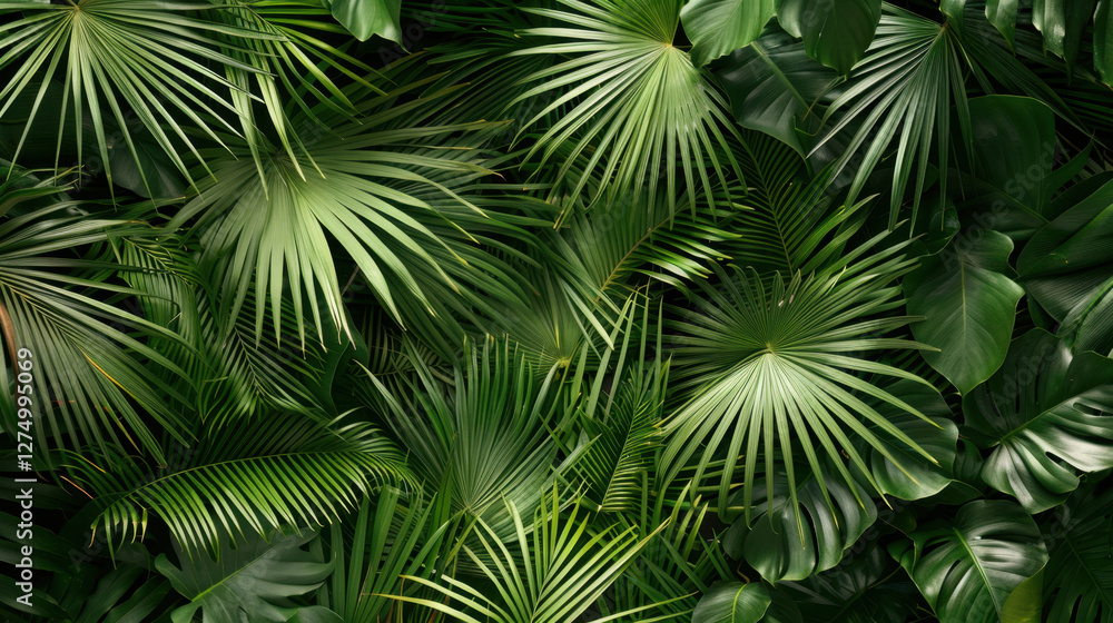 Lush green tropical leaves create vibrant and serene backdrop, showcasing various palm fronds and foliage. This natural arrangement evokes sense of tranquility and freshness Lush green tropical leaves create vibrant and serene backdrop, showcasing various palm fronds and foliage. This natural arrangement evokes sense of tranquility and freshness