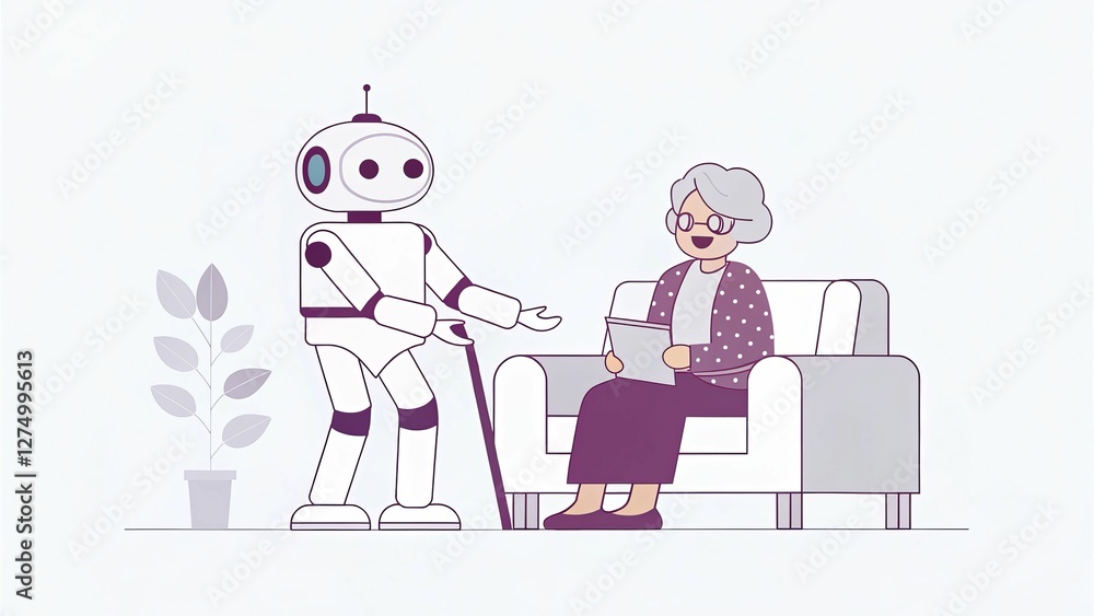 A friendly robot interacts with an elderly woman sitting on a couch, showcasing companionship and technology in a warm setting. A friendly robot interacts with an elderly woman sitting on a couch, showcasing companionship and technology in a warm setting.