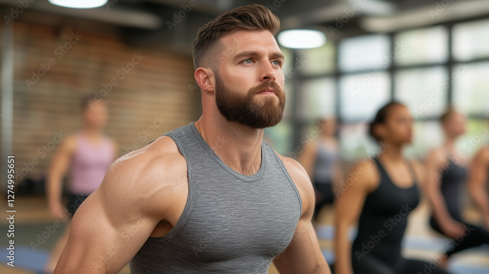 Fototapeta premium Attractive man with beard practicing yoga with determination in fitness class, feeling focused and energized by exercise
