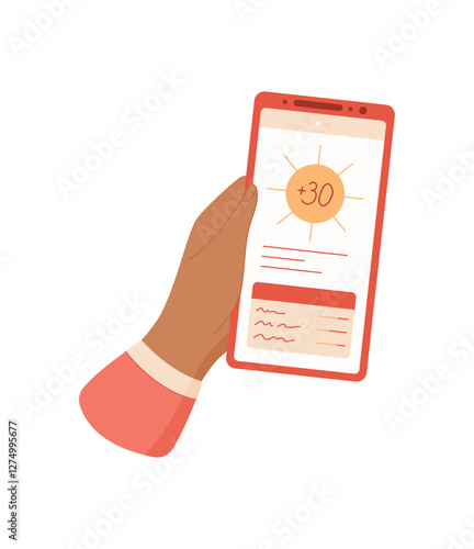 Smartphone held by a hand. Mobile device displays a weather app. User interacts with the touchscreen for weather information. Digital technology concept, flat style format, suitable for online media.