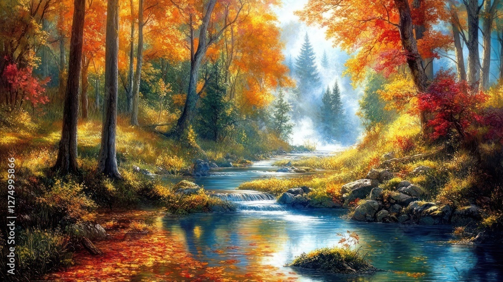 Autumnal Forest Stream Scenic Landscape Painting Autumnal Forest Stream Scenic Landscape Painting