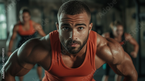 Strong man performing burpees with focus and determination, surrounded by friends in gym, showing teamwork and healthy life photo