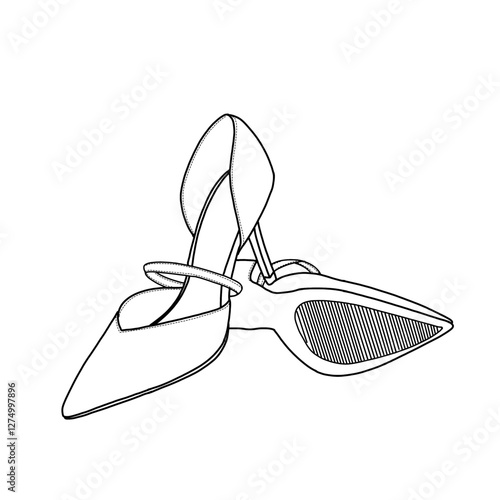 Technical sketch drawing of women's closed-toe high heels stiletto pointed-toe with strap wedding party pumps shoe line art. Flat sketch vector. Side and bottom view. Isolated on a white background