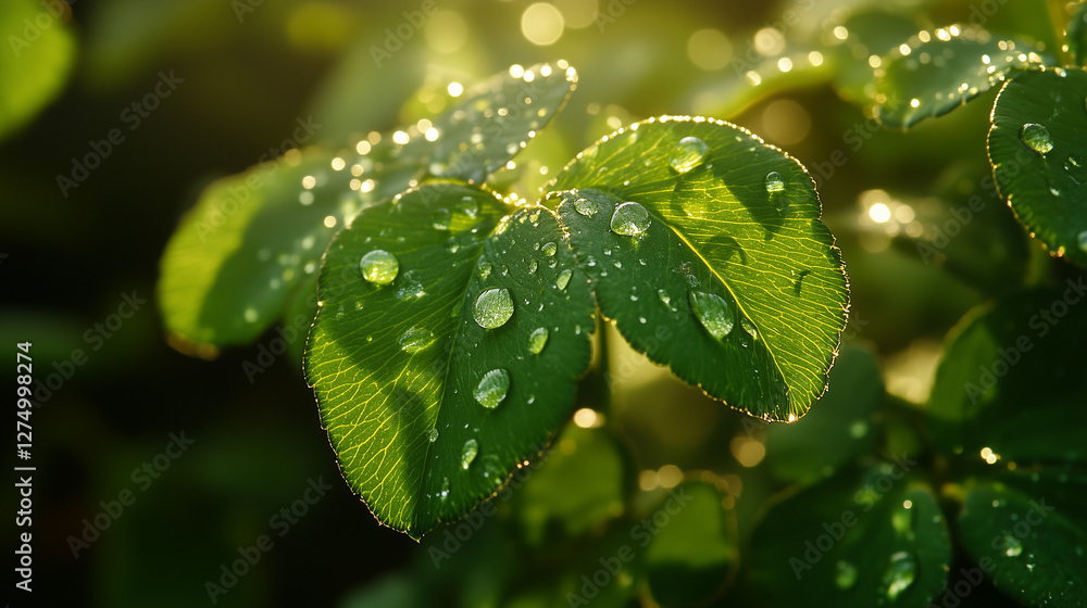 St. Patrick's Day: Close-Up of a Vibrant Green Clover Leaf with Dew Drops, Soft Golde St. Patrick's Day: Close-Up of a Vibrant Green Clover Leaf with Dew Drops, Soft Golde