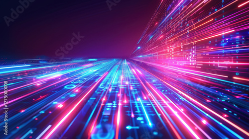 Vibrant digital lines create sense of speed and technology  showcasing futuristic landscape filled with glowing data streams and neon colors