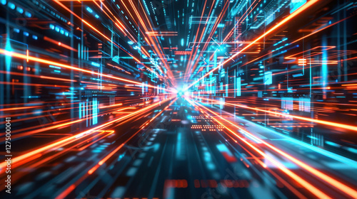 vibrant digital tunnel with glowing lines in blue and orange  representing speed and technology. futuristic design evokes sense of motion and innovation