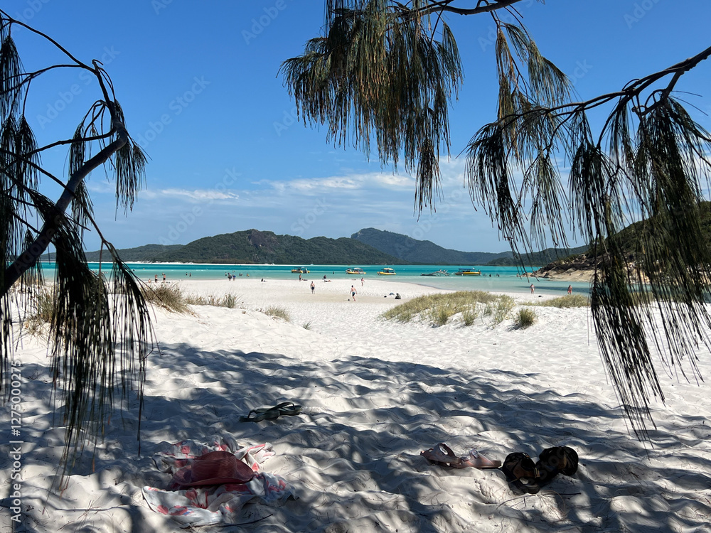 Landscape view of Whitehaven Beach on Whitsunday Island Queensland Australia