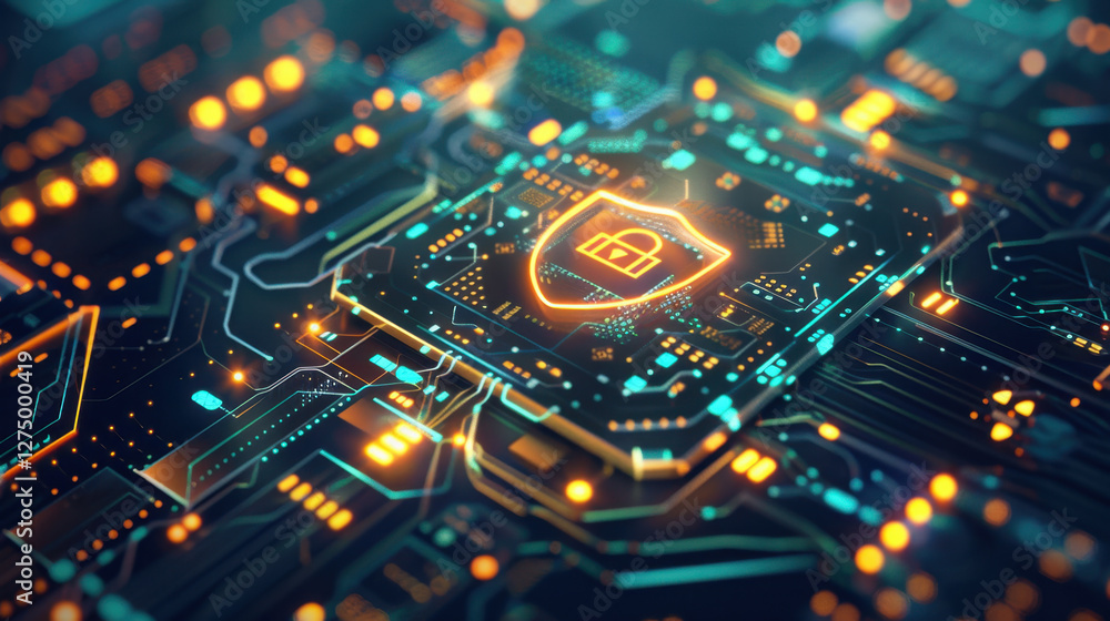 Obraz premium Digital circuit board with shield symbol representing cybersecurity