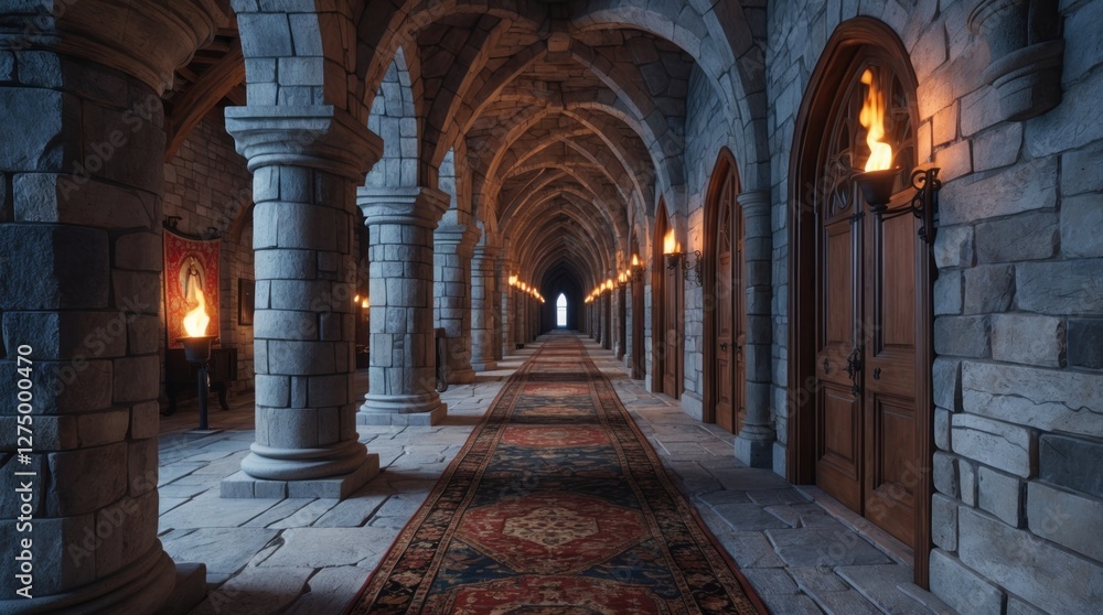 Obraz premium Medieval Corridor, Stone Hallway, Fantasy Interior, Archway, Rug, Gothic Architecture