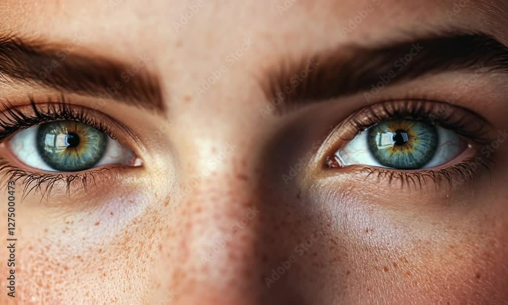 Close-up of captivating eyes, freckles, and eyebrows. A mesmerizing portrait showing the beauty of the human gaze. Close-up of captivating eyes, freckles, and eyebrows. A mesmerizing portrait showing the beauty of the human gaze.
