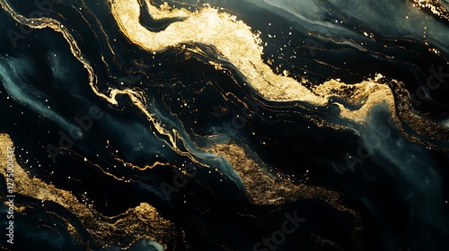 An abstract background featuring swirling black and gold patterns, representing elegance and sophistication. Ideal for use in creative and modern design projects.
