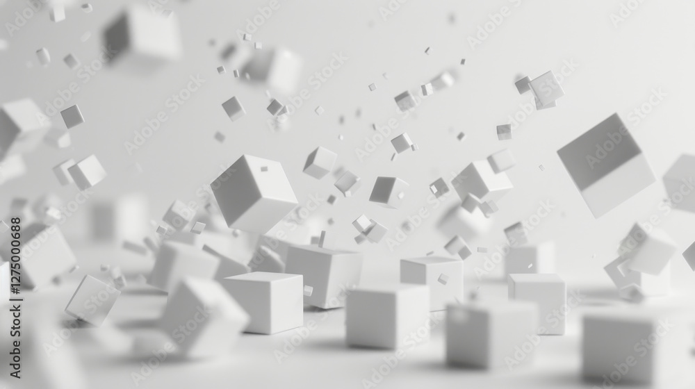 Floating white cubes create dynamic and abstract scene, evoking sense of movement and depth in minimalist environment Floating white cubes create dynamic and abstract scene, evoking sense of movement and depth in minimalist environment