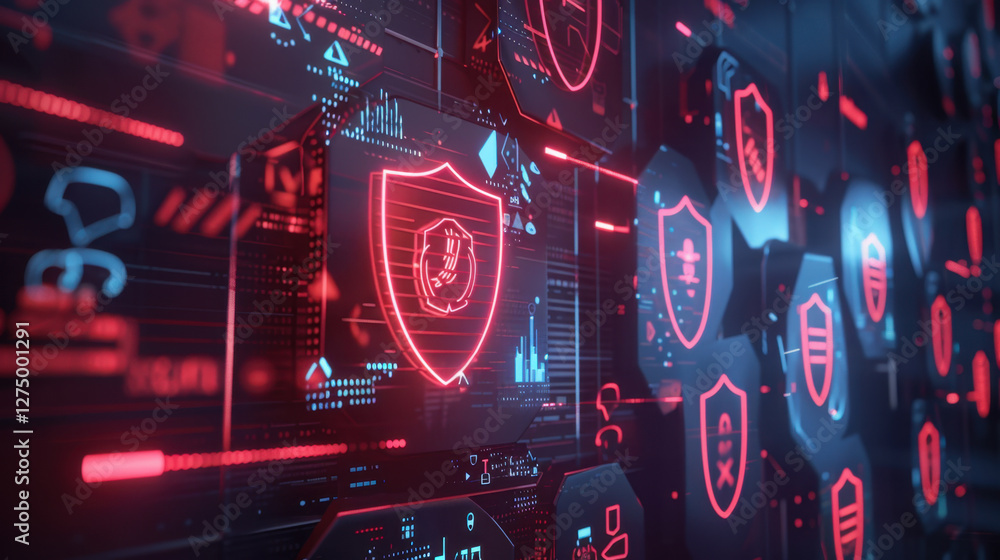 Fototapeta premium digital representation of cybersecurity with glowing shields and data patterns, conveying protection and technology