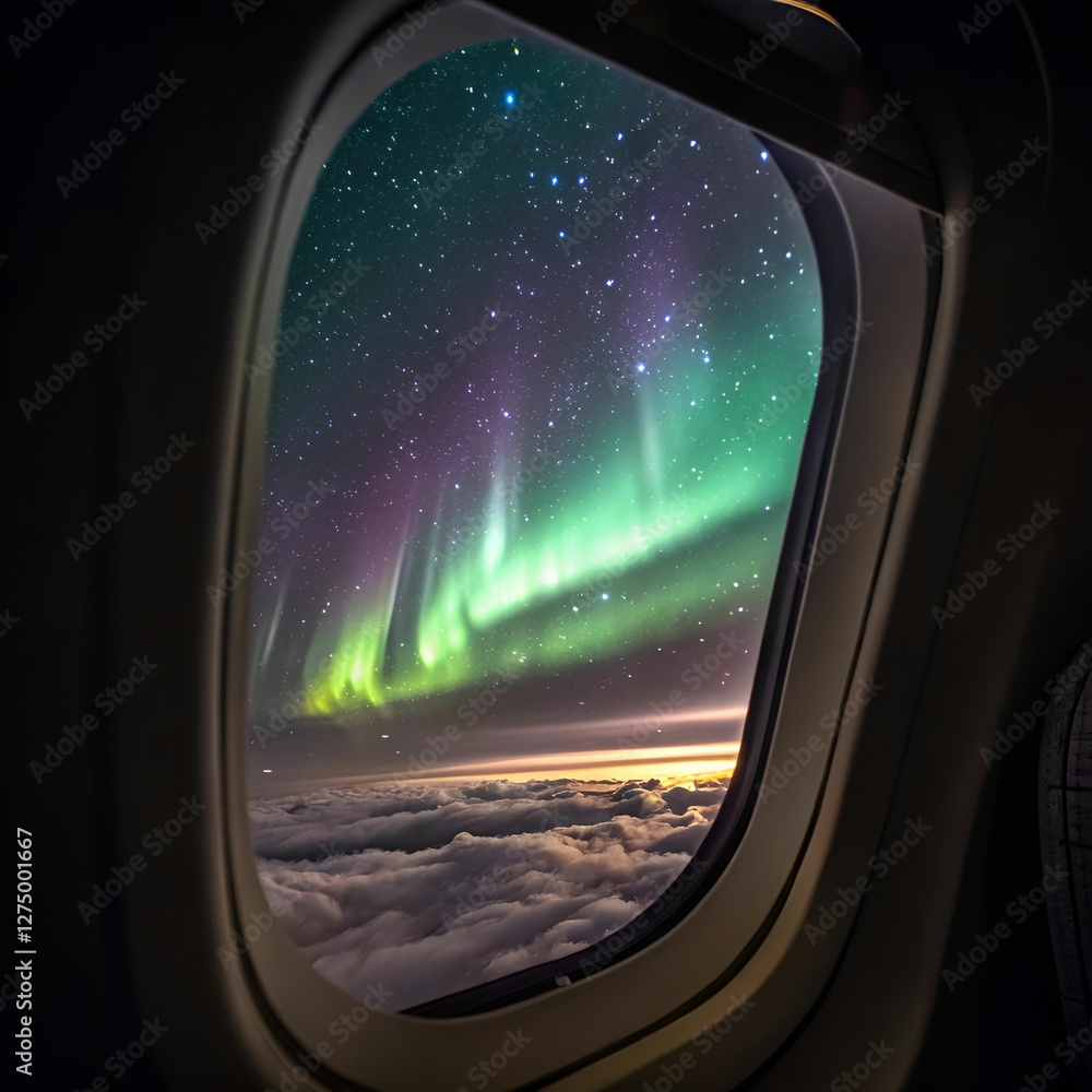 Naklejka premium An airplane window framing a starry night sky with a glowing moon.
