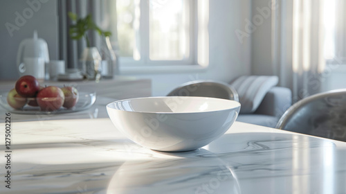 Wallpaper Mural minimalist white bowl on marble table in bright kitchen setting, surrounded by natural light and soft furnishings, creating serene atmosphere Torontodigital.ca