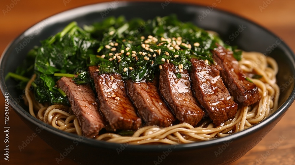 A delicious bowl of noodles topped with grilled beef and greens, garnished with sesame seeds. A delicious bowl of noodles topped with grilled beef and greens, garnished with sesame seeds.