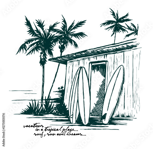 Rustic house on the beach, with surfboards. Hand-drawn art with simple lines. Design with the soft and exotic atmosphere of the coast.