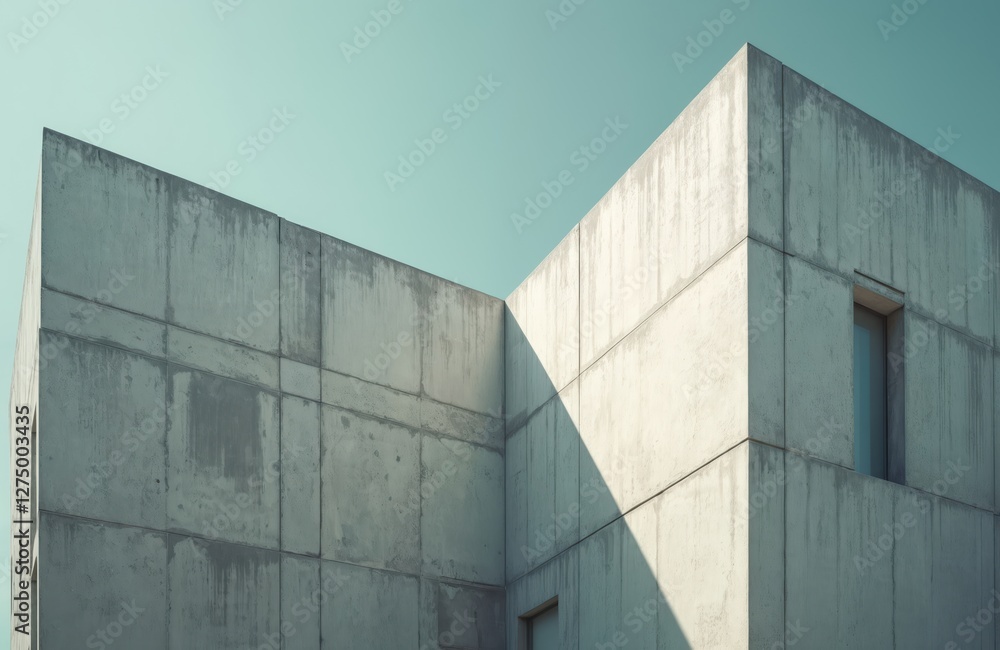 Modern concrete building against pale teal sky. Brutalist architecture showcases geometric design of cement wall with minimal window. Urban industrial structure exemplifies contemporary construction. Modern concrete building against pale teal sky. Brutalist architecture showcases geometric design of cement wall with minimal window. Urban industrial structure exemplifies contemporary construction.
