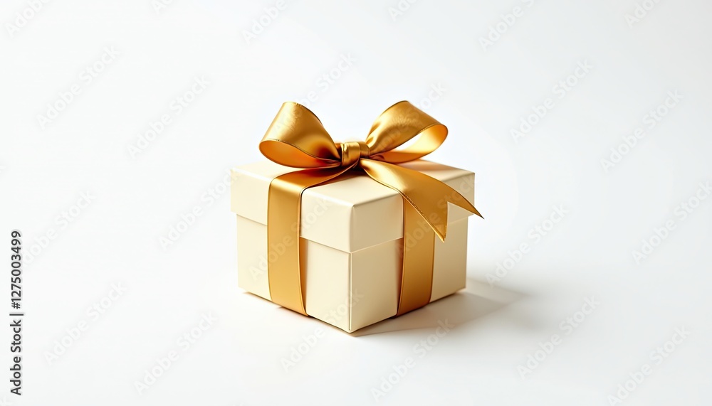 Golden Ribbon Adorned White Gift Box Against Crisp Background. A white gift box with a golden ribbon and bow. Golden Ribbon Adorned White Gift Box Against Crisp Background. A white gift box with a golden ribbon and bow.