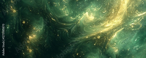 An abstract digital background featuring swirling shades of green and gold, creating a mystical and ethereal atmosphere. Perfect for artistic projects and creative designs.