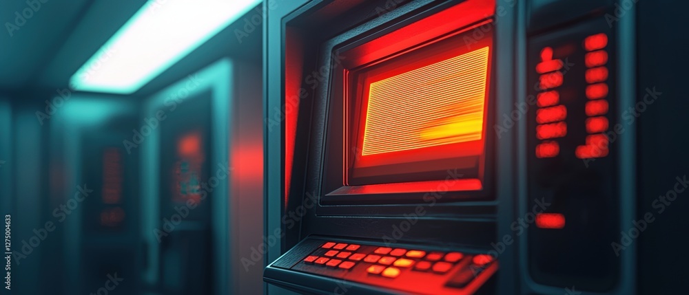 Digital Payments Concepts. Futuristic ATM with glowing red accents in a dark environment. Digital Payments Concepts. Futuristic ATM with glowing red accents in a dark environment.