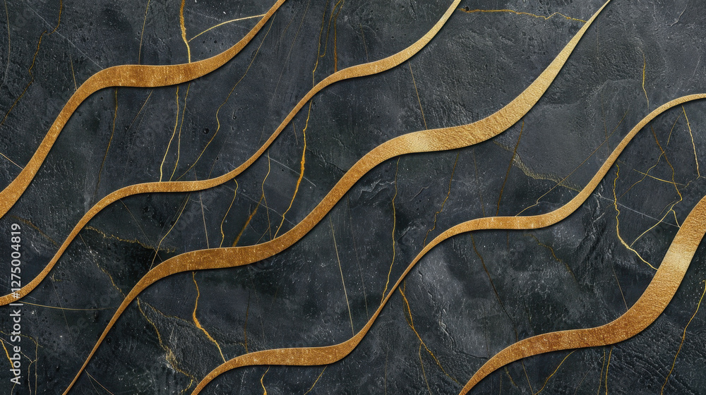 Fototapeta premium Elegant black stone surface with golden wave patterns, showcasing modern design. contrast of dark and gold creates luxurious aesthetic, perfect for interior decor