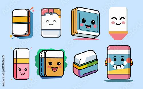 Icons sets collection of colorful cartoon erasers with different facial expressions and designs on a light blue background, showcasing playful and cheerful stationery items