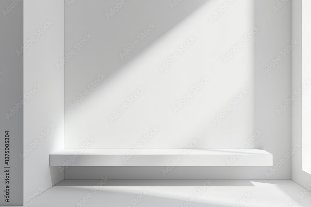 Minimalist white room sunlight shelf display Minimalist white room sunlight shelf display