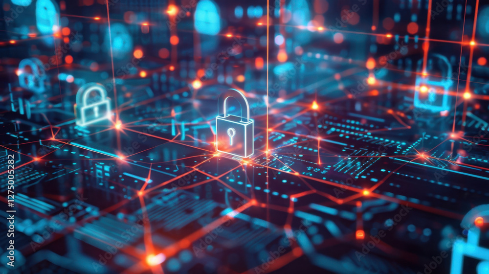 Obraz premium Digital security concept with glowing locks and circuits