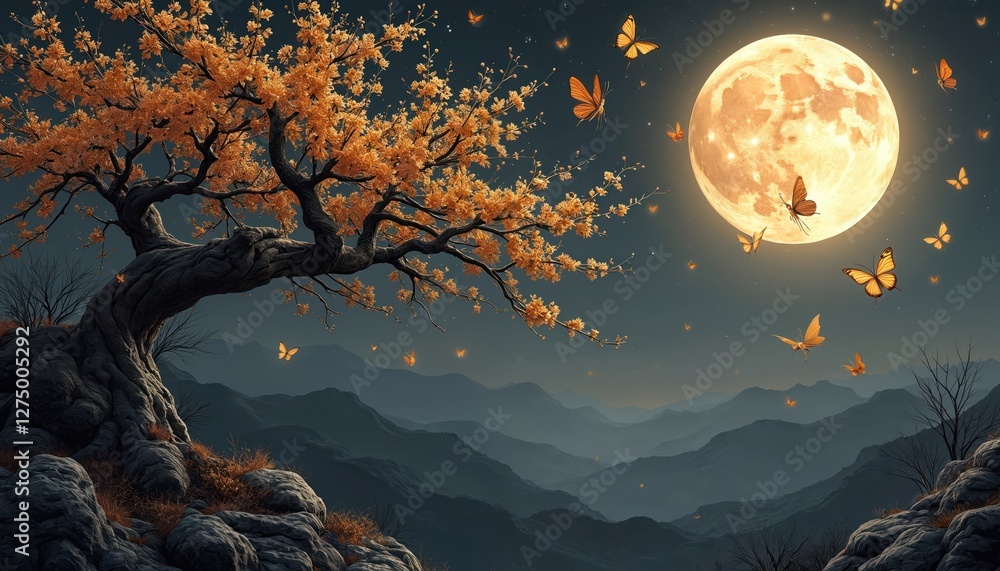 Fototapeta premium Golden plum tree blossoms under moonlight. Night landscape with full moon, hills. Butterflies fly around ancient sakura tree branches. Serene scenery. Decorative background. Mystical nature art.