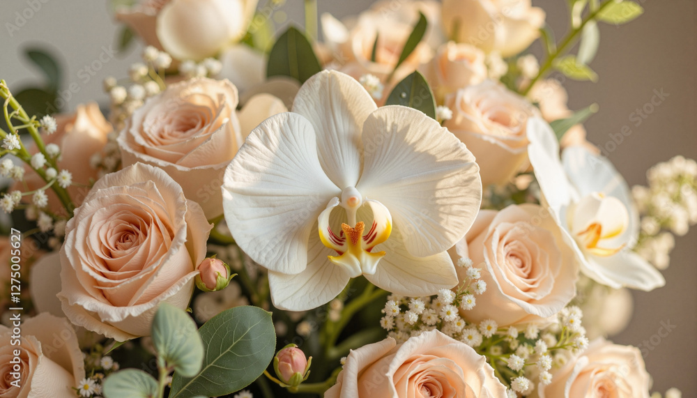 Bouquet of white orchids and peach roses Bouquet of white orchids and peach roses