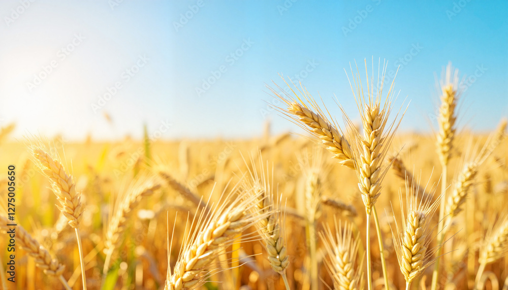 Fototapeta premium Golden wheat field under a clear blue sky