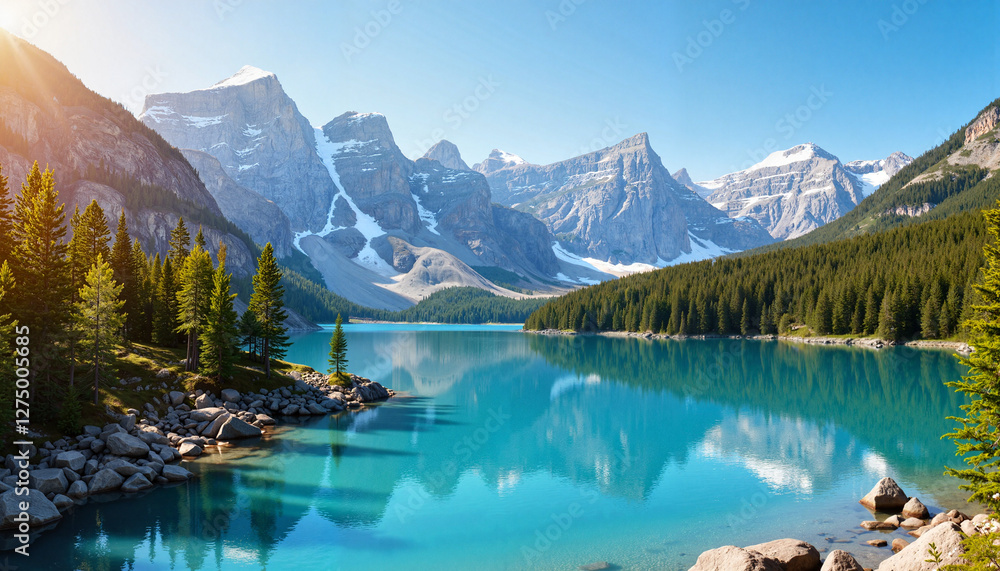 Naklejka premium Scenic mountain lake reflecting peaks and forest