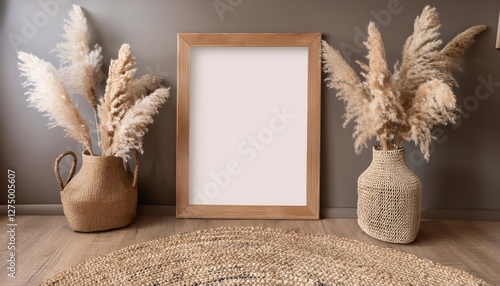 Rustic Boho Charm Pampas Grass Embraces Artisanal Frame in a Warm, Earthy Scene, Perfect for Bohemian Decor or Natural Home Staging