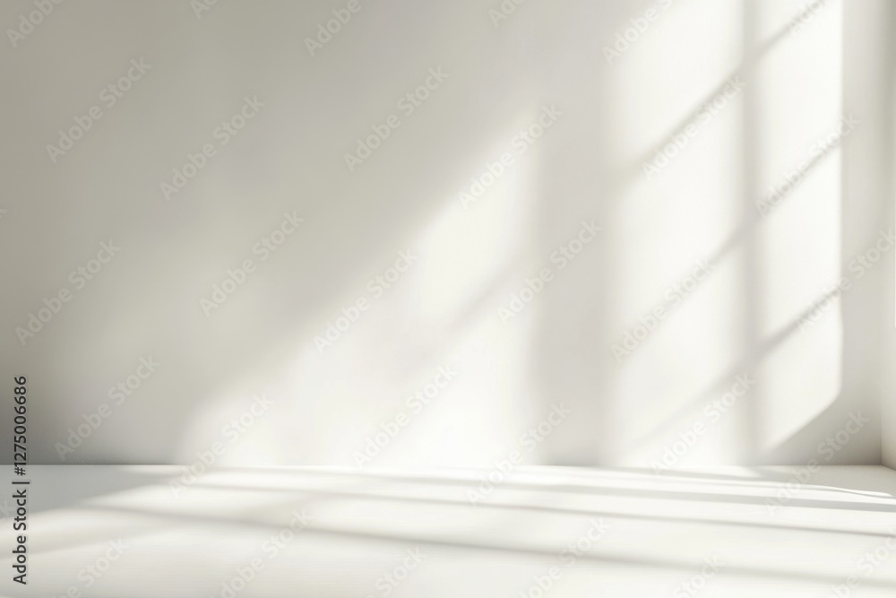 Sunlight streams through window onto white wall, creating shadows; interior room mockup Sunlight streams through window onto white wall, creating shadows; interior room mockup