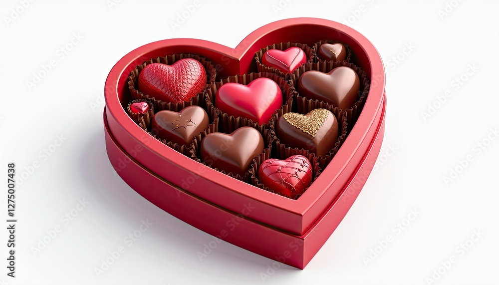 HeartShaped Red Box of Chocolates on a White Background. A heart shaped box filled with chocolates on a white background. HeartShaped Red Box of Chocolates on a White Background. A heart shaped box filled with chocolates on a white background.