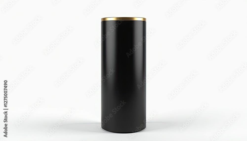 Matte Black Cylindrical Object with Glowing Gold Top on White Background. A black cylindrical object with a gold rim on a white background. Matte Black Cylindrical Object with Glowing Gold Top on White Background. A black cylindrical object with a gold rim on a white background.
