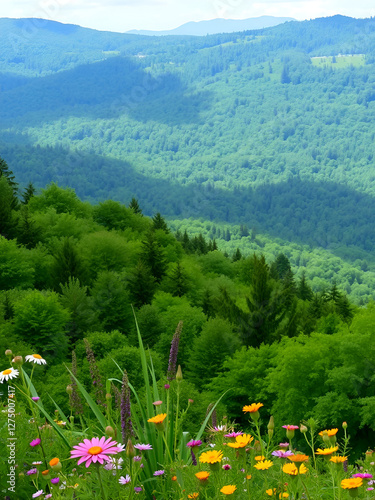 The landscape extends with rolling hills covered in dense forests, where wildflowers bloom in vibrant colors. A gentle breeze rustles the leaves, and birds chirp melodiously photo