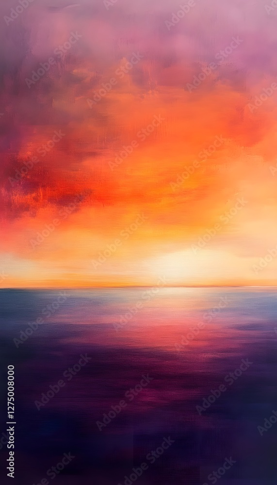 Fototapeta premium Fiery sunset sky reflecting on calm smooth deep ocean