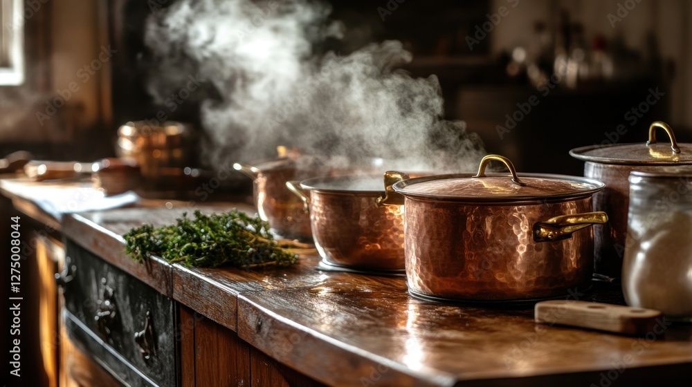 Steaming Copper Pots on Rustic Kitchen Counter Steaming Copper Pots on Rustic Kitchen Counter