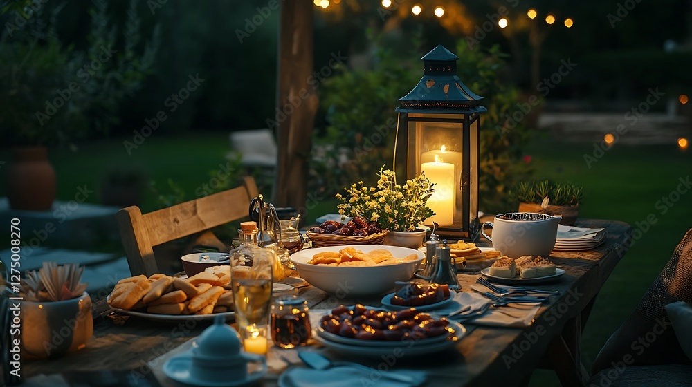 Fototapeta premium Beautifully Arranged Iftar Table with Dates and Traditional Dishes