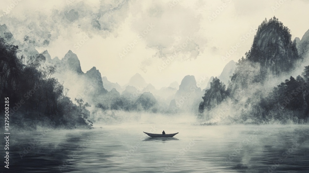 Fototapeta premium Create a dramatic scene of a boat drifting across a mist-covered river, with heavy ink clouds looming overhead in a traditional Chinese style.
