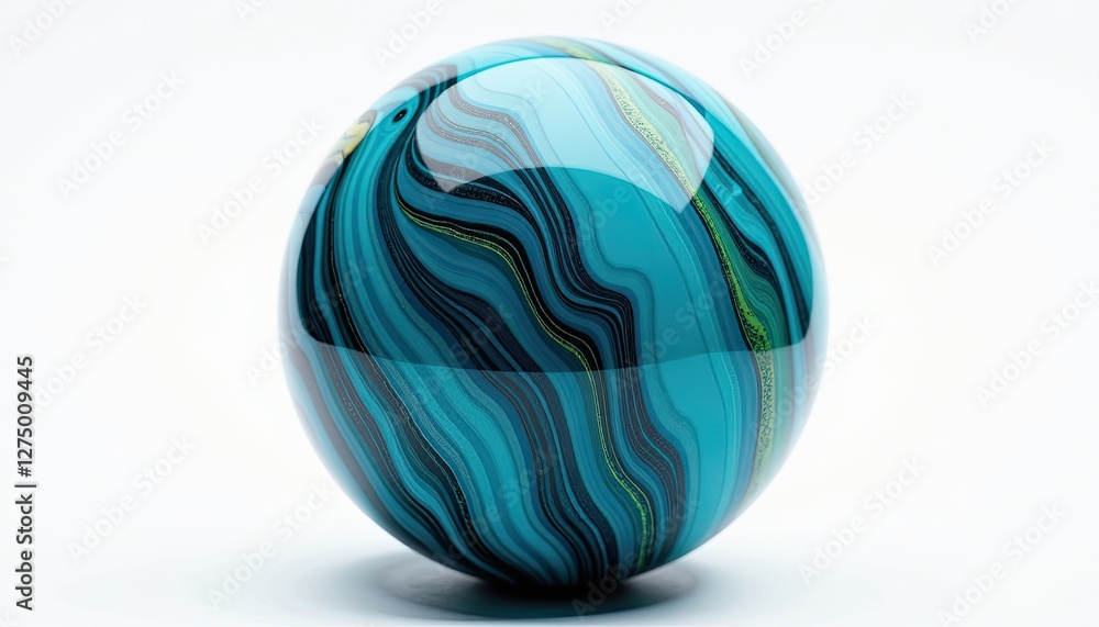 Vibrant Blue and Green Marbled Paperweight with Wavy Patterns on White Background Glossy Finish. A blue and green marble sphere on a white background. Vibrant Blue and Green Marbled Paperweight with Wavy Patterns on White Background Glossy Finish. A blue and green marble sphere on a white background.