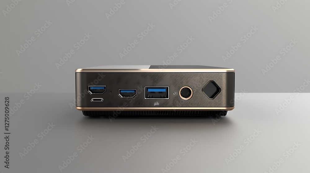 Fototapeta premium A modern back panel design for a compact desktop computer, showcasing USB-C ports, network jacks, and HDMI connections for a minimalist look.