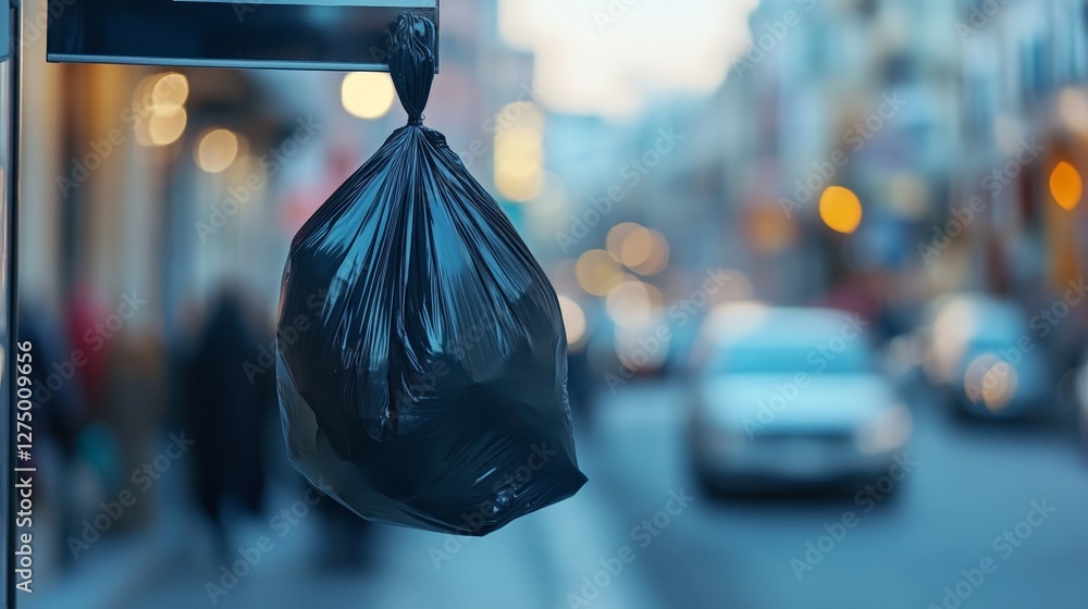 Obraz premium A black trash bag is hanging from a pole in a city street. The bag is full and the street is busy with cars and people. The scene is somewhat chaotic and busy, with people walking and cars driving by