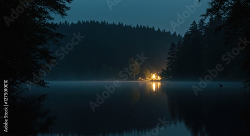 Wallpaper Mural Nocturnal Lake Serenity: A Cabin's Golden Glow Reflects on Still Waters Torontodigital.ca