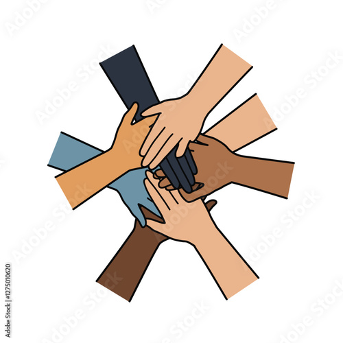 Clip art hands together. Six hands of different skin tones are placed together in a circle, symbolizing unity and teamwork. Vector illustration design.