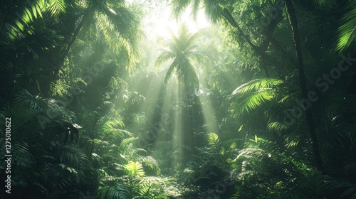 Sunlight streams through tropical jungle