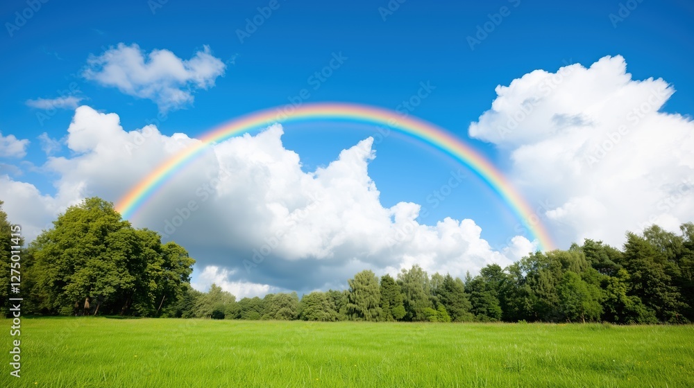 Beautiful rainbow arching over a green meadow with blue sky and fluffy white clouds Beautiful rainbow arching over a green meadow with blue sky and fluffy white clouds