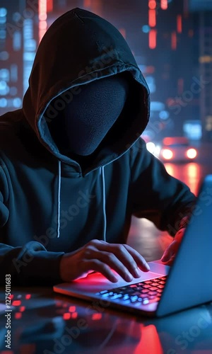 Anonymous Hacker Typing on Laptop at Night in Neon City